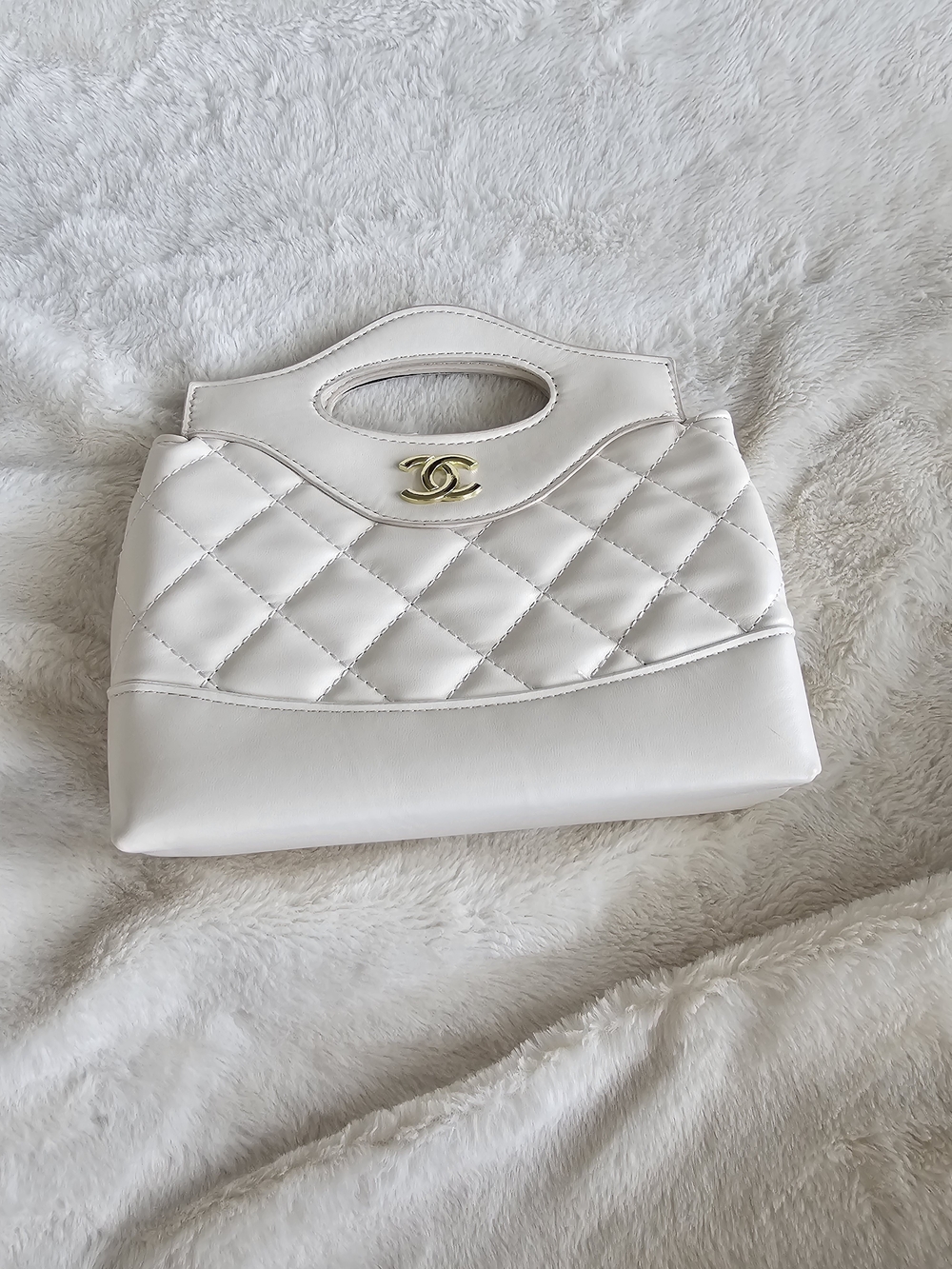 White Quilted Leather Top-Handle Clutch with Gold CC
